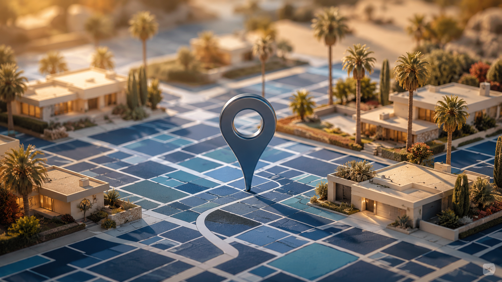 A stylized 3D map of a coastal neighborhood with a central location pin, palm trees, and homes — representing the Real Estate Farming Engine's neighborhood farming focus