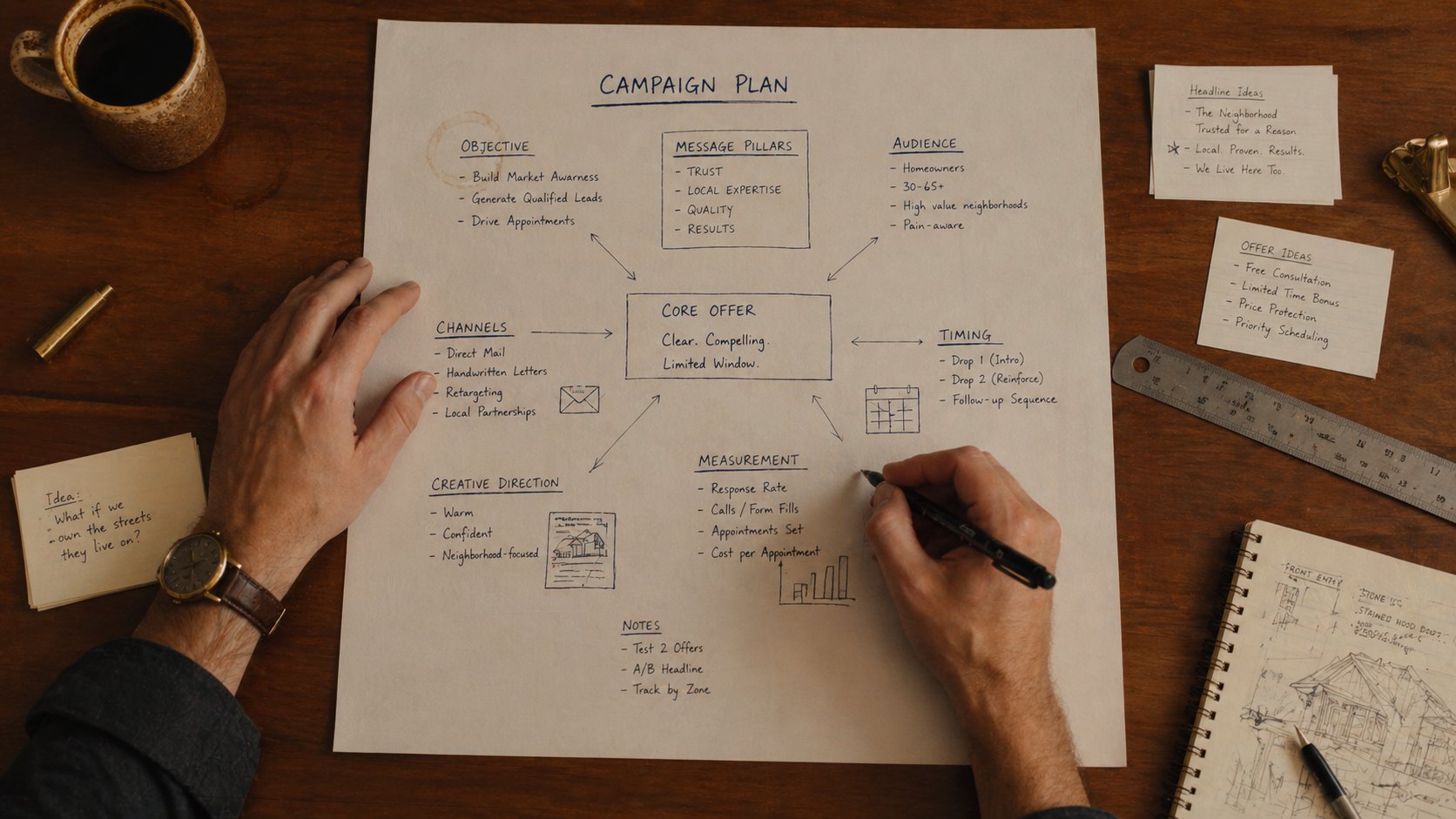 A bespoke campaign plan sketched by hand on a wooden desk