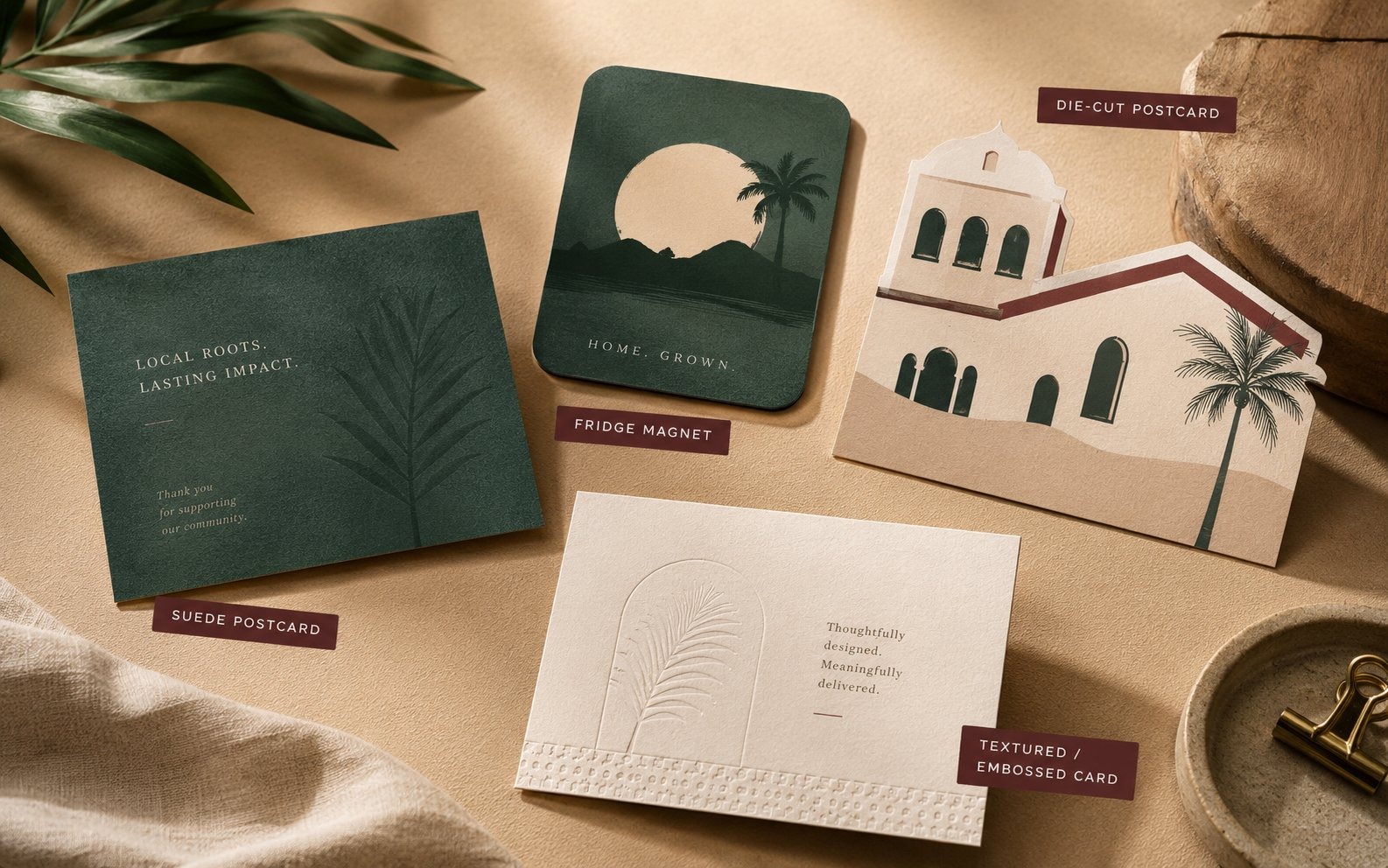 Palm Ad specialty print samples — suede postcard, fridge magnet, die-cut postcard, embossed card